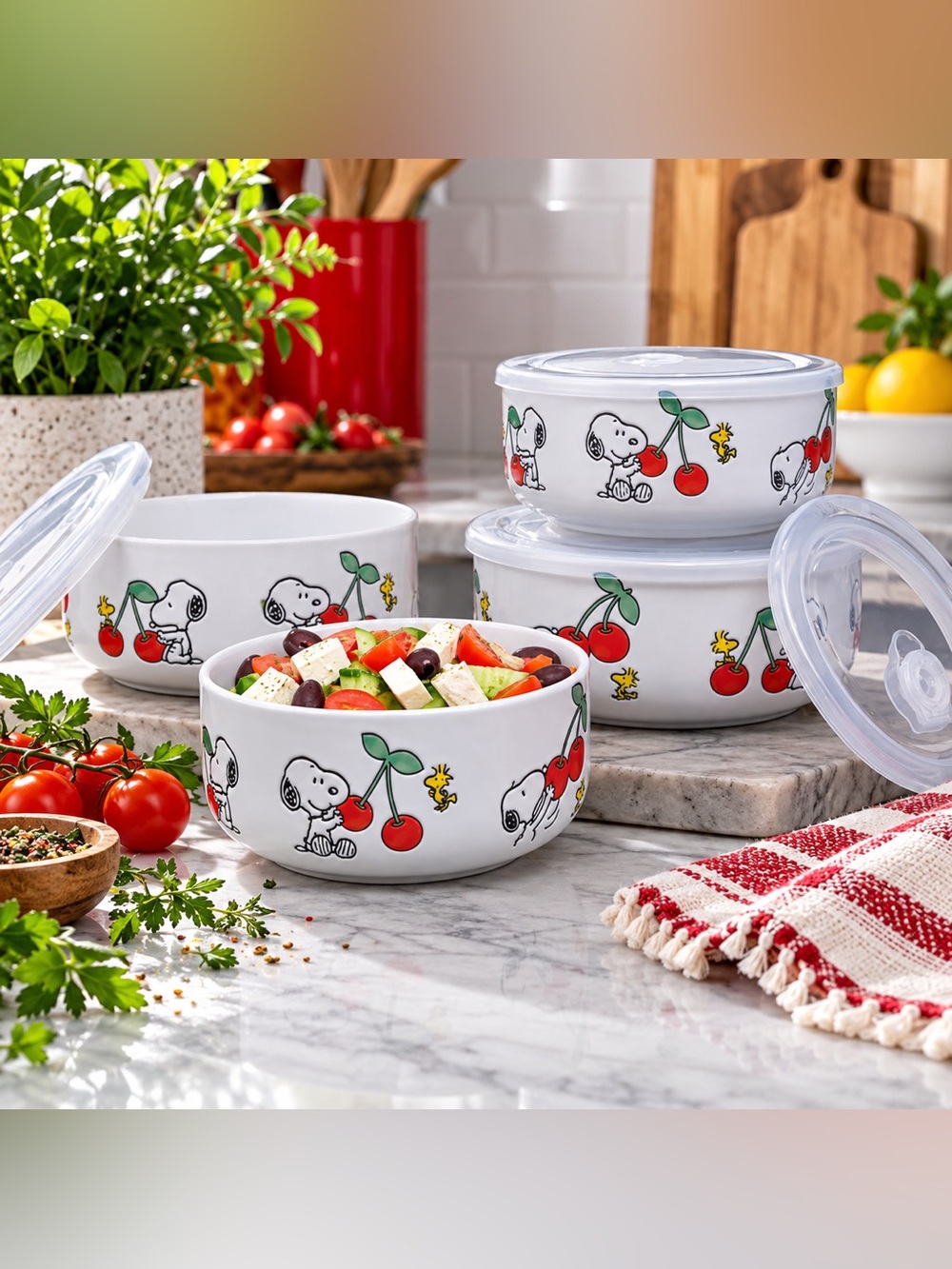 Peanuts Ceramic Bowls Set with Red Cherry & Snoopy Motif 8 Pieces NEW
